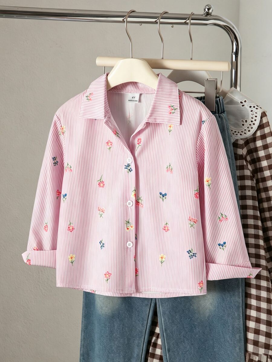 SHEIN 女童仿刺繡圖案粉色白色條紋印花清新輕量設計襯衫領長袖寬鬆休閒仙氣嬰兒上衣秋季