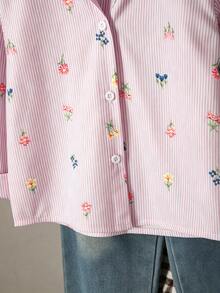 SHEIN 女童仿刺繡圖案粉色白色條紋印花清新輕量設計襯衫領長袖寬鬆休閒仙氣嬰兒上衣秋季 - 彩色 - 查看 6