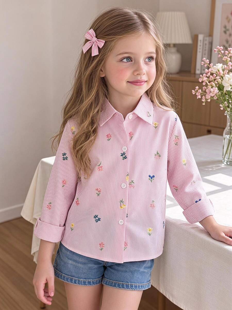 SHEIN Young Girls Faux Embroidery Pattern Pink White Striped Print Fresh Lightweight Design Blouse Collared Long Sleeve Loose Casual Fairy Baby Shirt Fall