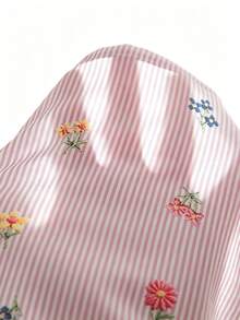 SHEIN 女童仿刺繡圖案粉色白色條紋印花清新輕量設計襯衫領長袖寬鬆休閒仙氣嬰兒上衣秋季 - 彩色 - 查看 7