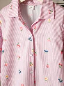 SHEIN 女童仿刺繡圖案粉色白色條紋印花清新輕量設計襯衫領長袖寬鬆休閒仙氣嬰兒上衣秋季 - 彩色 - 查看 5