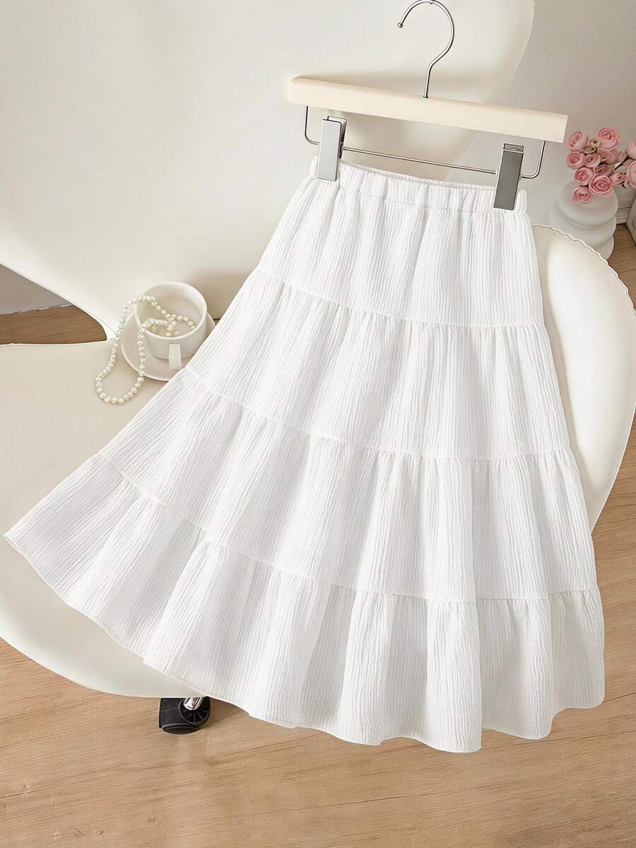 SHEIN Young Girl Autumn Solid Color Textured Elastic Waist Skirt 7th Birthday Beach White Cowgirl Fairy