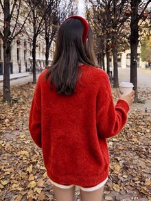 Comfortcana 女款蝴蝶結圖案休閒日常長袖針織衫，聖誕、秋冬款 - 紅色 - 查看 2