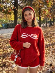 Comfortcana 女款蝴蝶結圖案休閒日常長袖針織衫，聖誕、秋冬款 - 紅色 - 查看 1