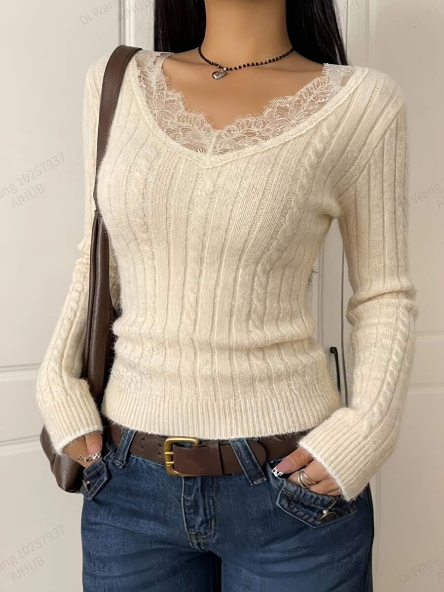 Comfortcana Women's Lace Patchwork Cable Knit Long Sleeve Soft Style Sweater - Apricot - View 1