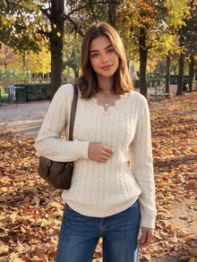 Comfortcana 女款蕾絲拼接麻花編織長袖軟綿風格毛衣 - 杏色 - 查看 4