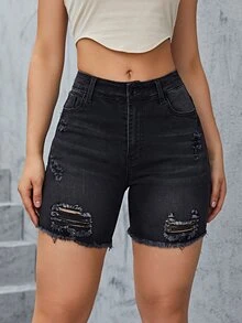 Flexra Ripped Raw Hem Denim Shorts - Black - View 4