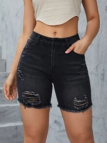 Flexra Ripped Raw Hem Denim Shorts - Black - View 5
