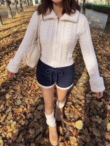 Comfortcana Spring Festival Sweet Vintage Navy Blue Cable Knit Mini Shorts Set With Lace Hem For Date Night And - Navy Blue - View 5