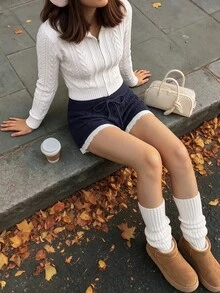 Comfortcana Spring Festival Sweet Vintage Navy Blue Cable Knit Mini Shorts Set With Lace Hem For Date Night And - Navy Blue - View 3