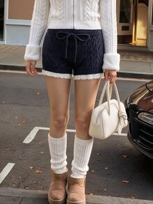 Comfortcana Spring Festival Sweet Vintage Navy Blue Cable Knit Mini Shorts Set With Lace Hem For Date Night And - Navy Blue - View 4
