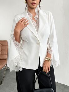 Firerie Plus Size Women's Lace Patchwork Casual Commuter Blazer - White - View 5