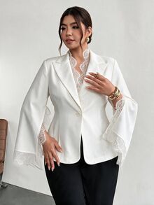Firerie Plus Size Women's Lace Patchwork Casual Commuter Blazer - White - View 4