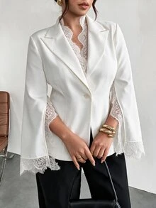 Firerie Plus Size Women's Lace Patchwork Casual Commuter Blazer - White - View 1