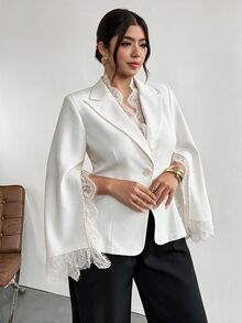 Firerie Plus Size Women's Lace Patchwork Casual Commuter Blazer - White - View 3