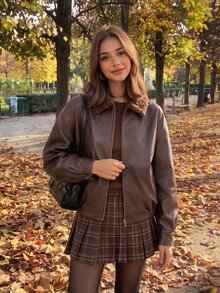 Comfortcana 女款前拉鍊長袖休閒復古學院風夾克，深棕色，適合日常上學與秋季穿著 - 棕色 - 查看 5