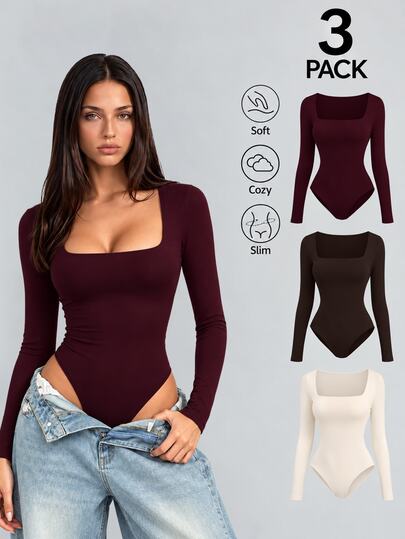 Sweetra 3pcs/Set Women's Long Sleeve Bodysuit In Apricot, Coffee Brown, Black, Slim Fit Minimalist Commuter Versatile