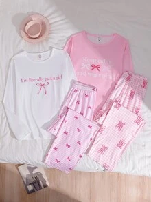 4件組女孩青少年居家服套裝，鏤空印花長袖上衣搭配全數位印花長褲，牛奶絲面料，舒適居家服 - 彩色 - 查看 2