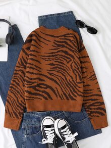 SHEIN 1件女童毛衣，時尚百搭圓領咖啡色底色不對稱虎紋提花圖案，休閒甜酷風經典百搭落肩長袖，適中厚度整齊下擺緊口袖口細膩質感，單穿好看，適合日常穿著、街頭、學校、外出等場合，秋冬必備 - 棕色 - 查看 2