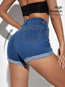 Flexra High Waist Roll Up Hem Denim Shorts - Medium Wash - View 6