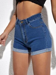 Flexra High Waist Roll Up Hem Denim Shorts - Medium Wash - View 2