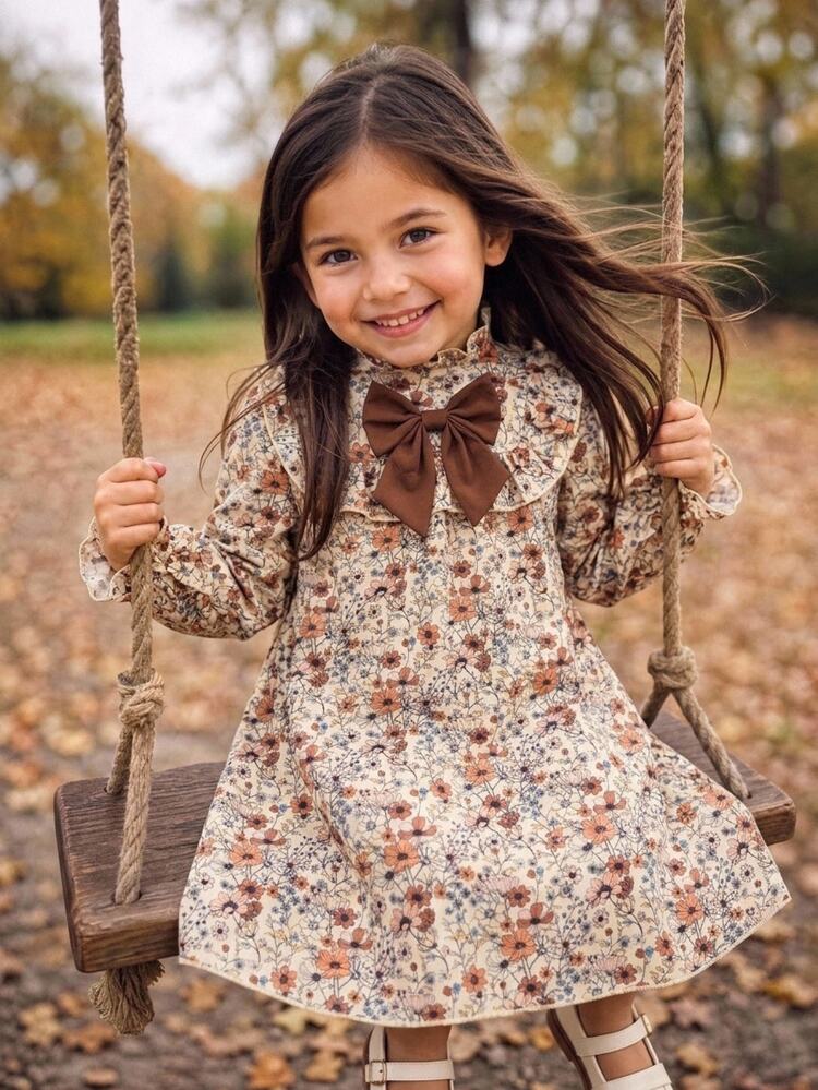 SHEIN Young Girl Young Girl Winter Holiday Casual Apricot Khaki Brown Elegant Ditsy Floral Bow Long Sleeve Loose Dress, Autumn Floral Dress, Suitable For School, Back To School, School Uniform - Coffee - View 7