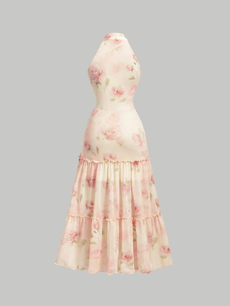 SHEIN MOD Women's Rose-Print Halter-Neck Sleeveless Ruched Tiered Dress Pink - Sweet Girly Style; Perfect For Vacations, Parties Dates And Autumn Outfits - Multicolor - View 14