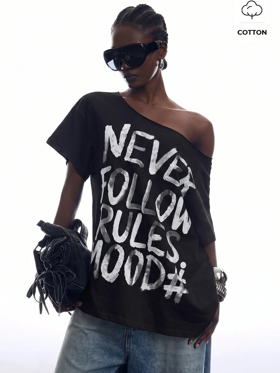 LYSMO Letter Print Asymmetrical Shoulder Back Cutout T-Shirt Going Out ...