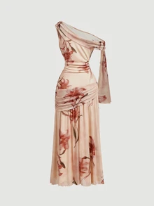 SHEIN MOD Women's Mesh Floral Print One Shoulder One Sleeve Ruched Midi Pink Cute Elegant Dress For Women Christmas Party Wedding Guest Fall Outfit - Multicolor - View 6
