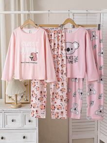 SHEIN Girls Purple Solid Color Top + Plaid Pants Set White Top English Letter + Eyelash Print + Plaid Pants + Hair Scrunchie 4-Piece Set - Multicolor - View 4