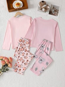 SHEIN Girls Purple Solid Color Top + Plaid Pants Set White Top English Letter + Eyelash Print + Plaid Pants + Hair Scrunchie 4-Piece Set - Multicolor - View 3