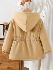 SHEIN 1件女童冬季新款棕色與白色格紋保暖內裡拉鍊外套，彈性腰部，連帽，加厚，百搭，簡約時尚，保暖戶外通勤夾克 - 卡其色 - 查看 2