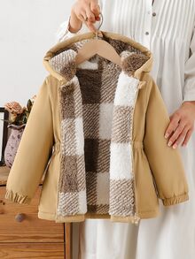 SHEIN 1件女童冬季新款棕色與白色格紋保暖內裡拉鍊外套，彈性腰部，連帽，加厚，百搭，簡約時尚，保暖戶外通勤夾克 - 卡其色 - 查看 4