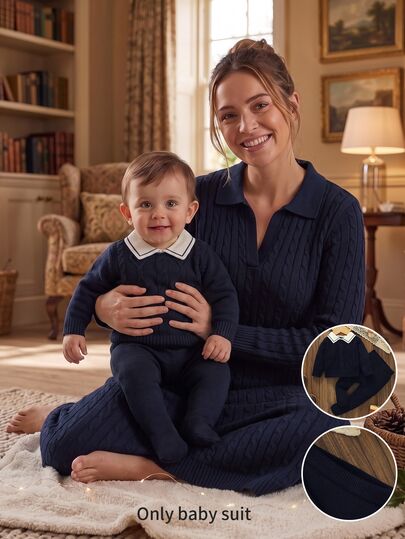 SHEIN Infant Fashion Gentleman Style See Through Cozy Sweater Set, Peter Pan Collar Long Sleeve Top, Newborn Footed Pants, Club Navy Blue Autumn