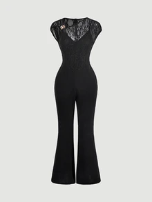 SHEIN MOD Women Contrast Lace Asymmetrical Neck Cap Sleeve Zip Back Elegant Wide Leg Jumpsuit Black Party Evening Cocktail Dinner Christmas Fall Outfit - Black - View 5