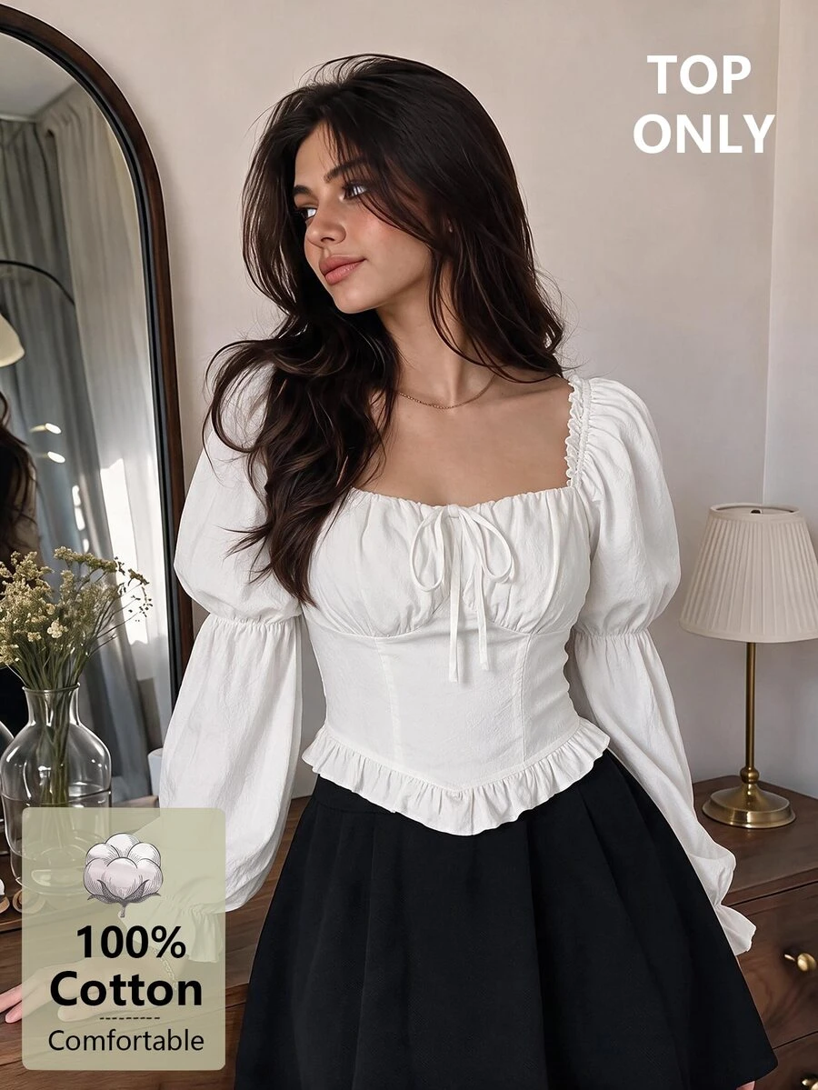 SHEIN MOD 女款 100% 純棉純色方領前綁帶抓皺荷葉邊燈籠袖上衣 白色甜美少女風休閒派對約會聖誕秋季上衣 - 白色 - 查看 1