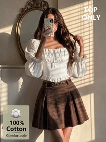 SHEIN MOD 女款 100% 純棉純色方領前綁帶抓皺荷葉邊燈籠袖上衣 白色甜美少女風休閒派對約會聖誕秋季上衣 - 白色 - 查看 4