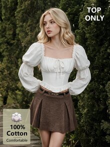 SHEIN MOD 女款 100% 純棉純色方領前綁帶抓皺荷葉邊燈籠袖上衣 白色甜美少女風休閒派對約會聖誕秋季上衣 - 白色 - 查看 2
