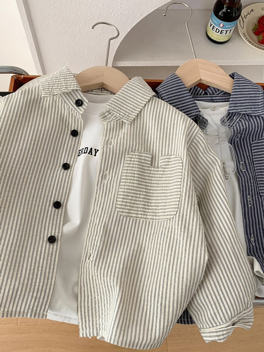 SHEIN 1pc Young Boy Casual Striped Collared Short Sleeve Shirt, Suitable For Back To School, Birthday Party, Evening Party, Performance, Wedding, Baptism, Opening Ceremony, Daily Wear, School