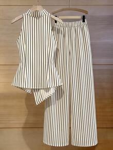 Linhara Plus Size Women's Sleeveless Two Pieces Set, Pleated Design, Blue White Stripe Metal Buckle, Elastic Waist, Straight Leg Pants Brunch Summer Elegant - Multicolor - View 2