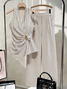 Linhara Plus Size Women's Sleeveless Two Pieces Set, Pleated Design, Blue White Stripe Metal Buckle, Elastic Waist, Straight Leg Pants Brunch Summer Elegant - Multicolor - View 7