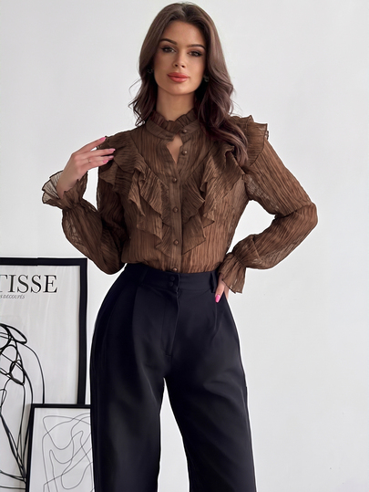 Firerie Blusa de mujer elegante sofisticada romántica estilo palacio vintage con cuello alto, volantes, jacquard texturizado, botones y mangas acampanadas en color albaricoque para salir