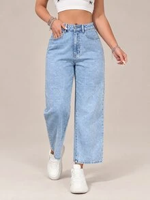 Flexra Women's Casual Washed Loose Straight Leg Jeans - Light Wash - View 1