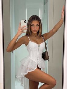 SHEIN ICON Women's Jacquard Camisole Top, Palace Sexy Elegant Style Suitable For Party Night Out Going Out Club Gathering Corset Tops Tulle Summer New Year White - White - View 1