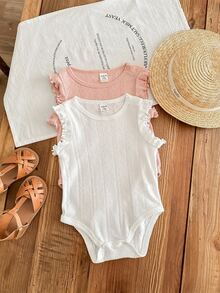 2pcs/Set Newborn Baby Girls' Cute Solid Color Ruffle Edge Bodysuit Outfit, Summer - Multicolor - View 6