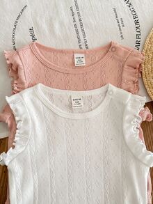 2pcs/Set Newborn Baby Girls' Cute Solid Color Ruffle Edge Bodysuit Outfit, Summer - Multicolor - View 5
