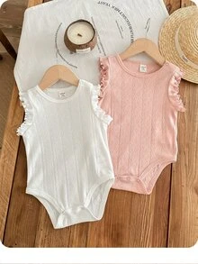 2pcs/Set Newborn Baby Girls' Cute Solid Color Ruffle Edge Bodysuit Outfit, Summer - Multicolor - View 7