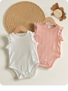 2pcs/Set Newborn Baby Girls' Cute Solid Color Ruffle Edge Bodysuit Outfit, Summer - Multicolor - View 1