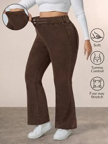 Flexra Plus Size Solid Color Elastic Waist Stretchy Knit Casual Wide Leg Flare Jeans - Coffee Brown - View 1