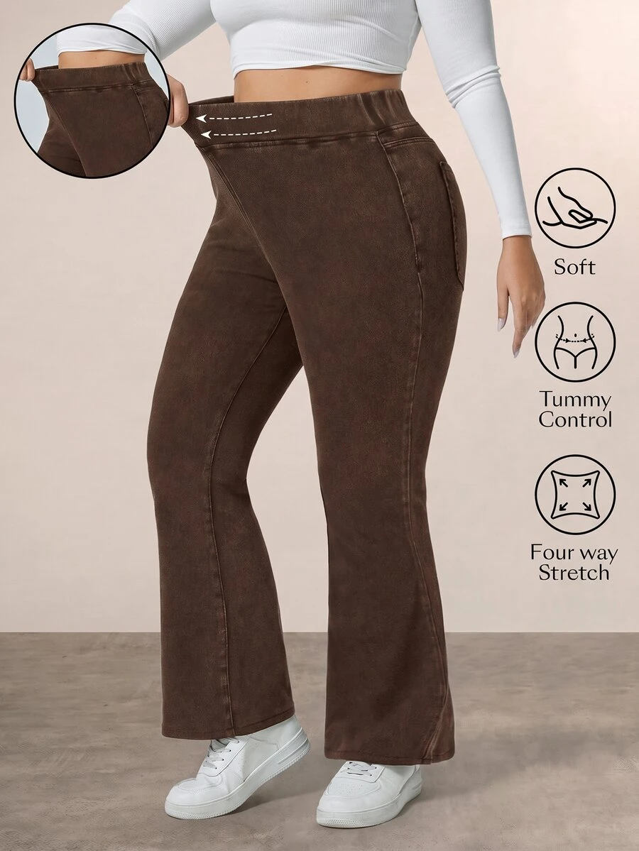 Flexra Plus Size Solid Color Elastic Waist Stretchy Knit Casual Wide Leg Flare Jeans - Coffee Brown - View 1